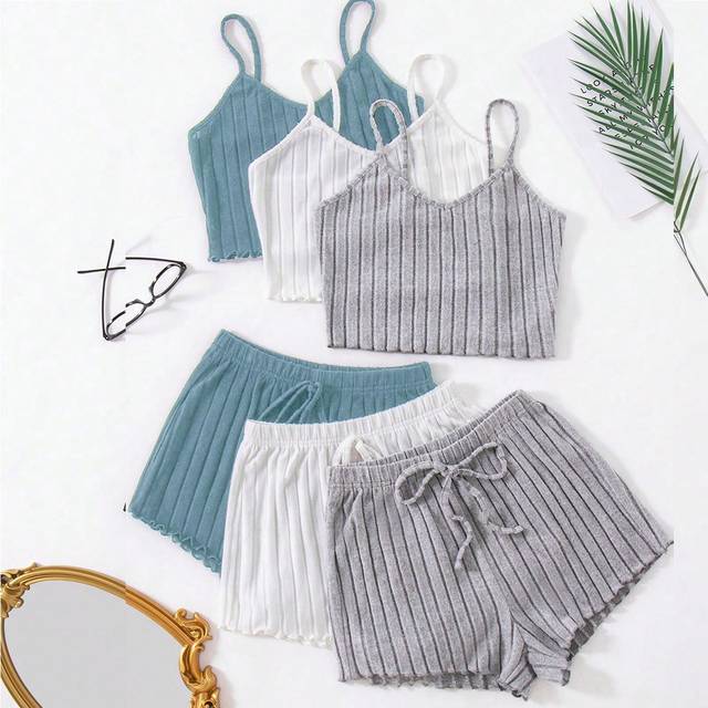 SHEIN 3 Sets Women Solid Color Ribbed Cami Top And Shorts Sleepwear Pajama Set Lounge Set