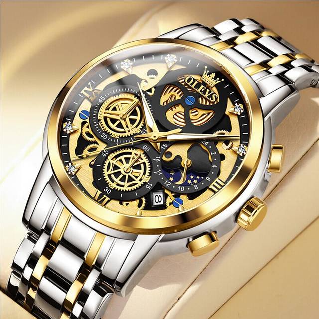 (GDJH) OLEVS Men&#39;s Watches Top Brand Luxury Original Waterproof Quartz Watch for Man Gold Skeleton Style 24 Hour Day Night New Watches