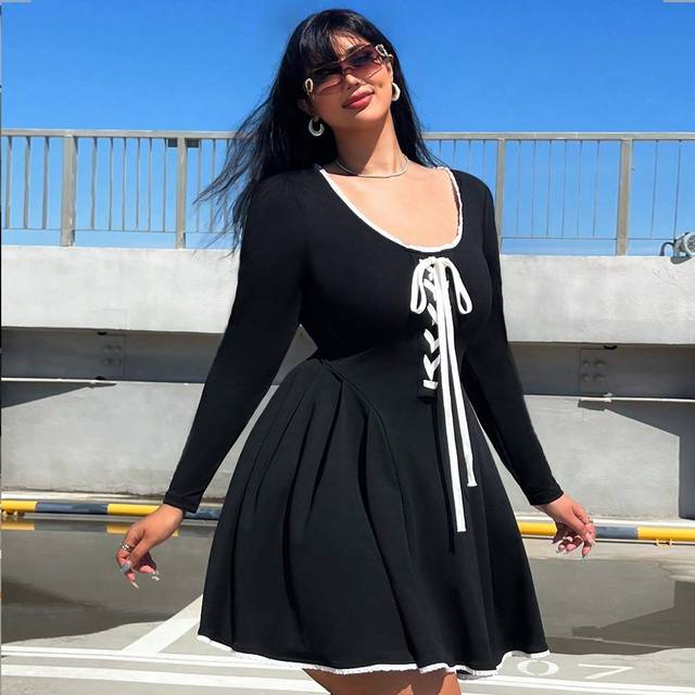 Flirla Plus Size Elegant Commuting Minimalist Stylish Versatile Round Neck Dress With Ribbon Tie Front, Pleated Hem And Ruffle Trim, Long Sleeve