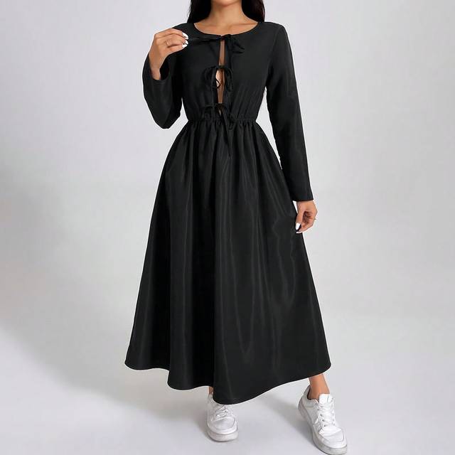 SHEIN Women&#39;s Black Long Sleeve Basic Fashion Dress With Bow Tie At Waist