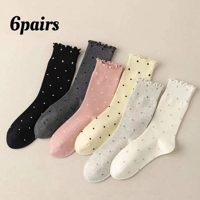 SHEIN 6 Pairs Dot Lace Trim Socks For Women, Polka Dot Mid-Calf Socks With Ruffle Hem, Autumn/Winter