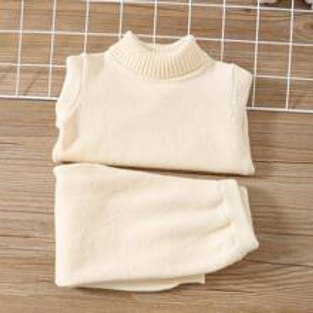 SHEIN 2pcs/Set Baby Boy/Girl Neutral Beige High Neck Soft Knit Sweater And Pants Set, Suitable For Fall & Winter