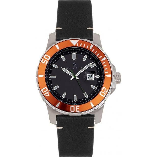 Nautis Mens Dive Pro 200 Leather-Band Watch w/Date - Orange Stainless Steel - One Size