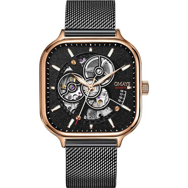 VEANXIN Men&#39;s Automatic Mechanical Watch Hollow Square Shape Watches Luminous Mesh Strap Waterproof Luxury Male Wristwatch
