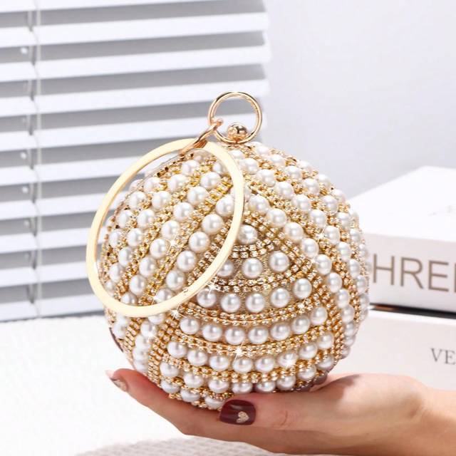 SHEIN Women&#39;s Evening Bag With Crystal, Gem And Faux Pearl Decoration, Shiny Clutch Handbag And Crossbody Bag, Spherical Design With Rhinestone Ring, Suitab