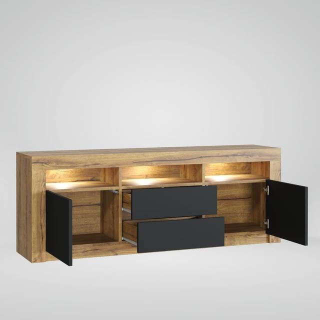 Creative Furniture - Shine tv Unit - Dark Oak with Black Matt Doors & led 160cm