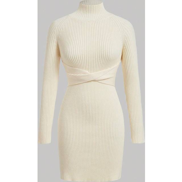 SHEIN Twist Front And Back Hollow Small High Collar Tight Apricot Short Sweater Dress Winter Sweater Sexy Dress Elegant Dress, Women Dress,Masquerade Ball D
