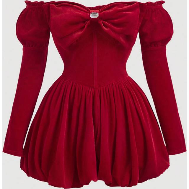SHEIN Fall Women&#39;s Big Bow Red Off-Shoulder Cloud Pattern Jumpsuit, Disco,Pirate,Velvet,Palace Party, Cute Sweetheart, , Cloud Jumpsuit,