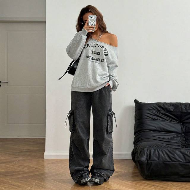 Coolane Women&#39;s Fall/Winter Casual/Basic Knit Place Name Pattern One Shoulder Baggy Long Sleeve Grey Sweatshirt,Long Sleeve Tops