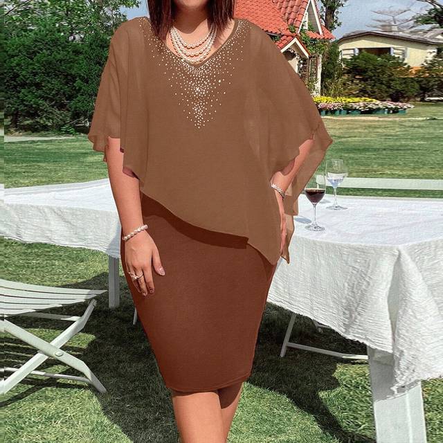 SHEIN Plus Size Sequin Embellished V-Neck Short Sleeve Knitted Chiffon Patchwork Bodycon Mini Dress