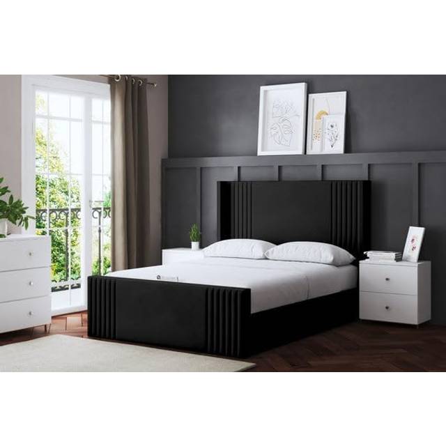 Elara Winged Black Upholstered Bed With Ottoman Metal Gas Lift King