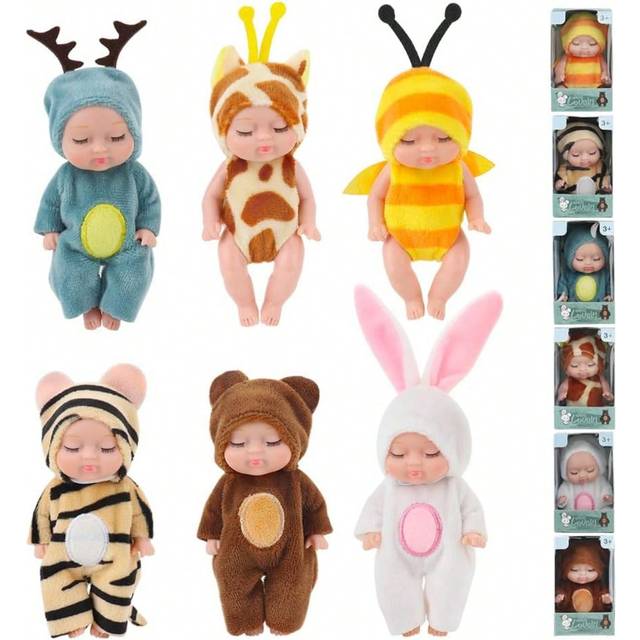 SHEIN 1 Pack Mini Reborn Doll Toy, Mini Sleeping Reborn Doll, Lifelike Baby Doll With Animal Clothes, 4 Inch Mini Reborn Cute Baby Doll For Girls, Toddlers
