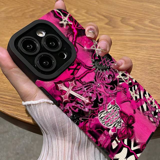 SHEIN Goth 1pc Halloween Fashion Dark Cross Cute Pink Butterfly Skull Skeleton Zebra Stripe Pattern Slogan Cool Puzzle Vertical Stripe Faux Leather Shockpro