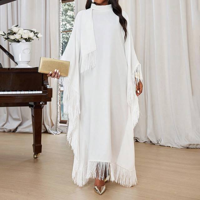 SHEIN Autumn And Winter Elegant White Flowy Tassel Tunic Dress Shirt Dress New Product Plus Size Dresses Masquerade Ball Dress Robe