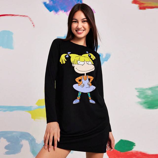 SHEIN Women&#39;s Casual Cartoon Character Printed Black Long Sleeves Short Dress,Fall Clothes