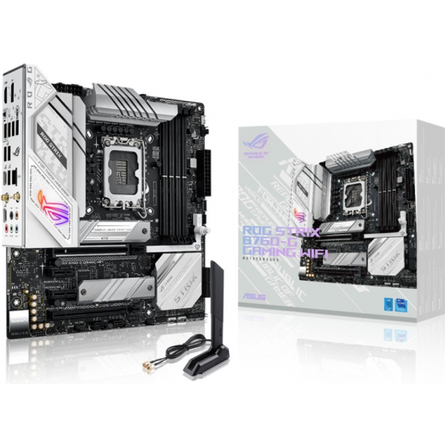 ASUS ROG STRIX B760-G GAMING WIFI Intel B760 LGA 1700 vit mATX moderkort med 12 + 1 effektsteg, DDR5, PCIe 5.0 x16 SafeSlot, två PCIe 4.0 M.2-kortplatser, WiFi 6E, 2.5G Ethernet och Aura Sync