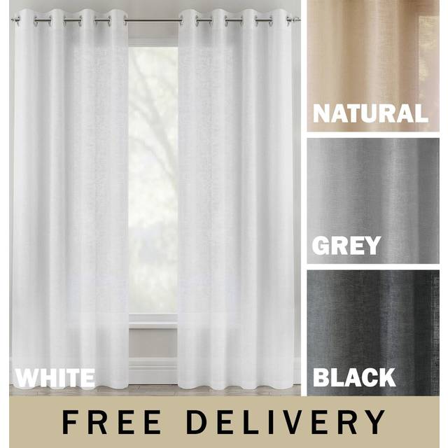 Linen Look Sheer Voile Panel Pair with Eyelet Header - Ideal for Living Rooms & Bedrooms - White - 140cm width x 137cm drop