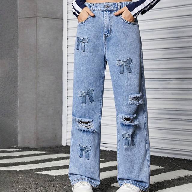 SHEIN Washed Light Blue Denim Jeans With Butterfly Embroidery For Teenage Girls