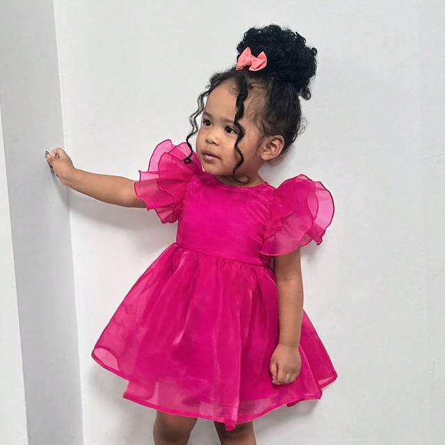 SHEIN Baby Girl Elegant Fuchsia Organza Solid Ruffle Hem Short Sleeve Party Dress
