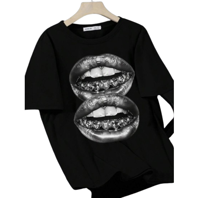 SHEIN Teen Girls&#39; Exaggerated Diamond Decoration  Lips Print Comfortable Outdoor Short Sleeve Tee
