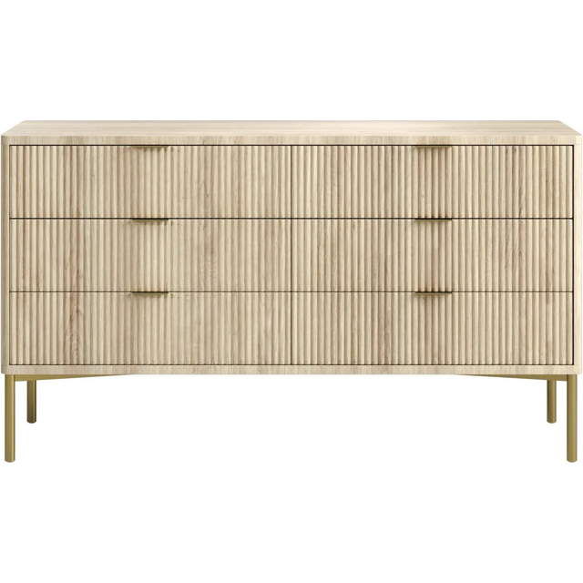 Wide Oak and Gold Ribbed Chest of 6 Drawers with Legs - Valencia - Wood