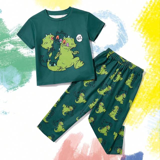 SHEIN Young Boy Dinosaur Cartoon Print Round Neck Short Sleeve Top & Pants Casual Homewear Pajamas Set, Olive Green