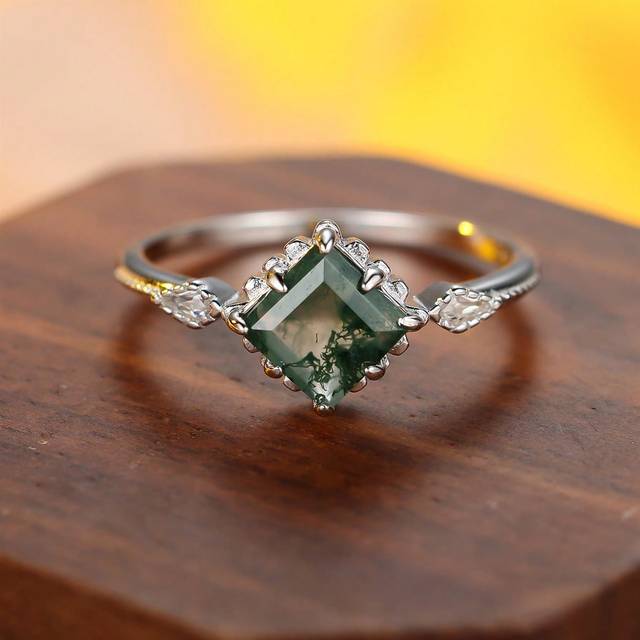 SHEIN Elegant & Noble Silver Square Green Agate Ring, Wedding Engagement Anniversary Gift For Women