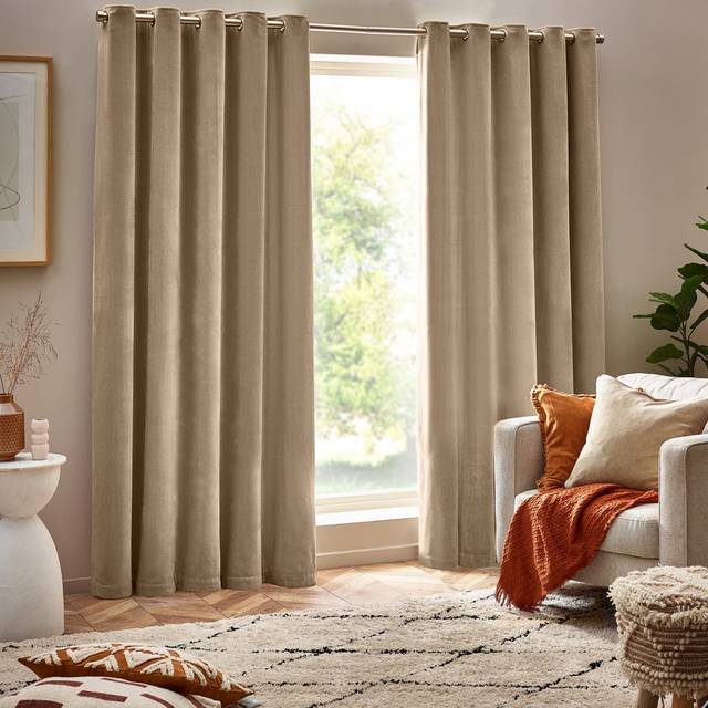 Yard Heavy Chenille Velvet Ready Made Eyelet Curtains Natural - Beige