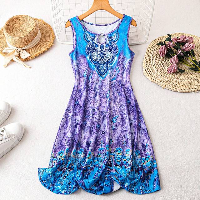 EMERY ROSE Women&#39;s Casual All-Over Print V-Neck Sleeveless Dress