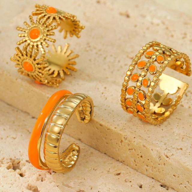 SHEIN 3pcs Stylish Simple Stainless Steel Orange Oil Drop Ring Set, Suitable For Ladies&#39; Daily Wear Or Gift Giving