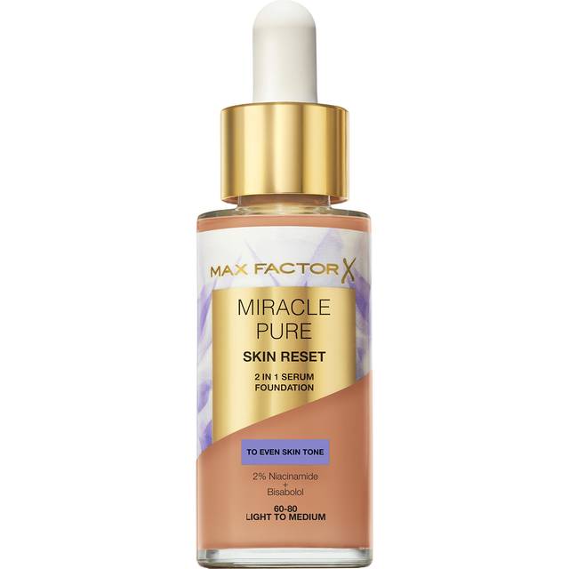 Max Factor Miracle Pure Skin Reset Serum Foundation 60-80 Light to Medium 2-in-1 Serum Formula Healthy Looking Skin Medium Coverage Satin Matte Finish 2% Niacinamide Dermatologically Tested