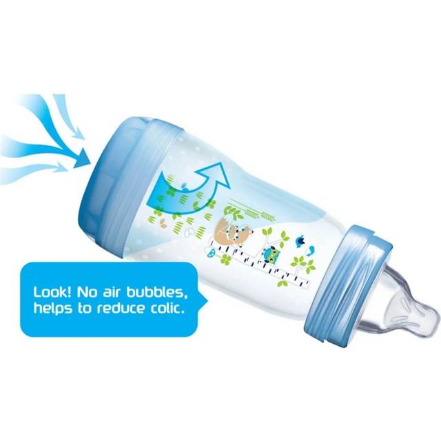 MAM Easy Start Självsteriliserande anti-kolik nappflaskförpackning om 2 (2 x 260 ml), MAM Flaskor med medelflöde MAM Spenar storlek 2, Newborn Essentials, Blå (mönster kan variera)