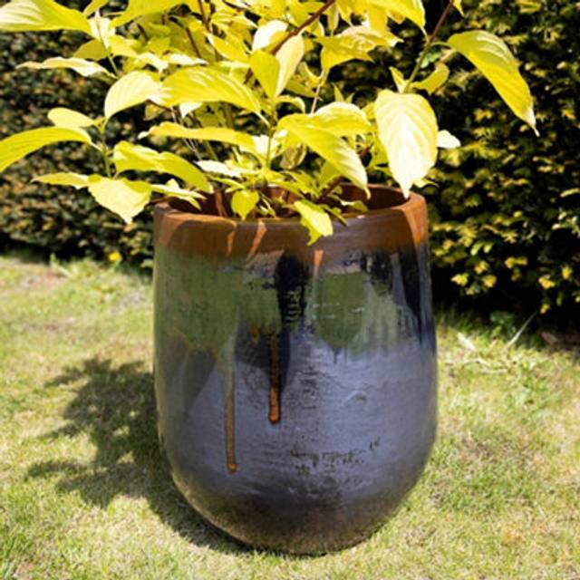 Terracotta Tall Round Honey Pot Style Planter In Grey and Blue 42cm - Dark Blue - One Size