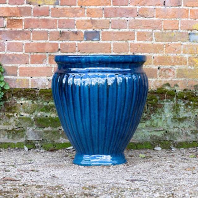 Rib Textured Glazed Terracotta Round Planter In Glossy Royal Blue 29cm - One Size