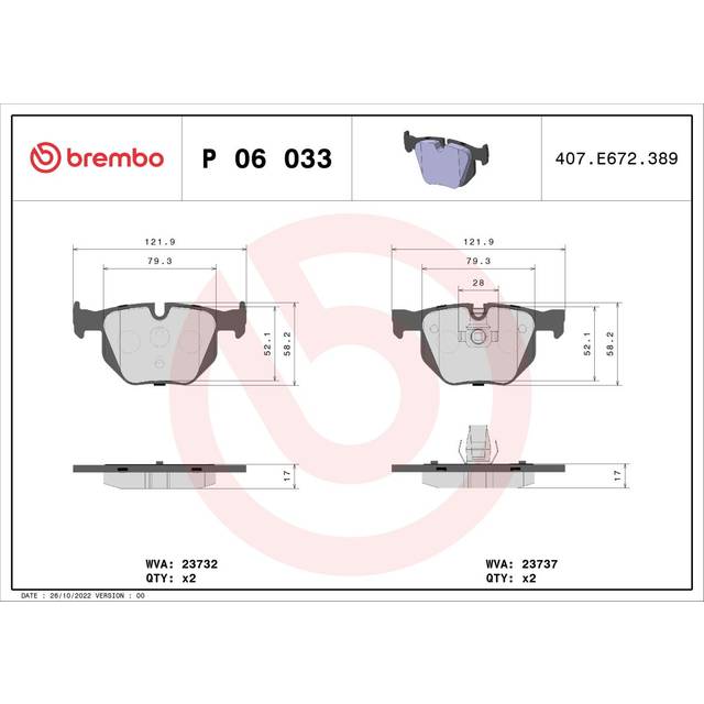 Brake pads set fits bmw 530d e60, e61 3.0d rear 02 to 10 brembo 34212339276