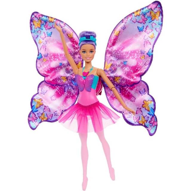 Barbie Dance and Flutter-docka med 2-i-1-förvandling från dansare till fjäril, med utfällbara vingar, lila hår, hårprydnad och avtagbar balettkjol, HXJ10