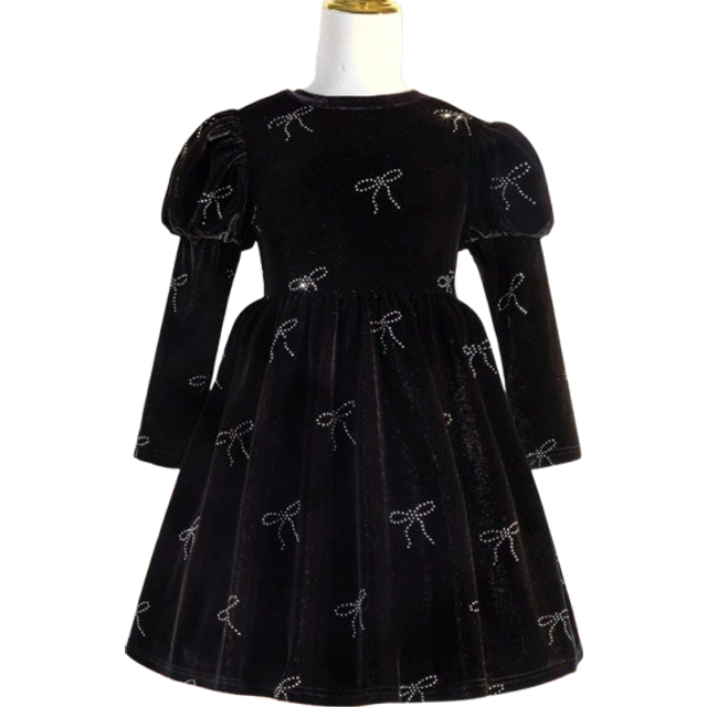 SHEIN Young Girl Christmas Rhinestones Velvet Long Sleeve Dress With Bowknot Pattern, Suitable For Party, Black, Fit For Autumn And Winter