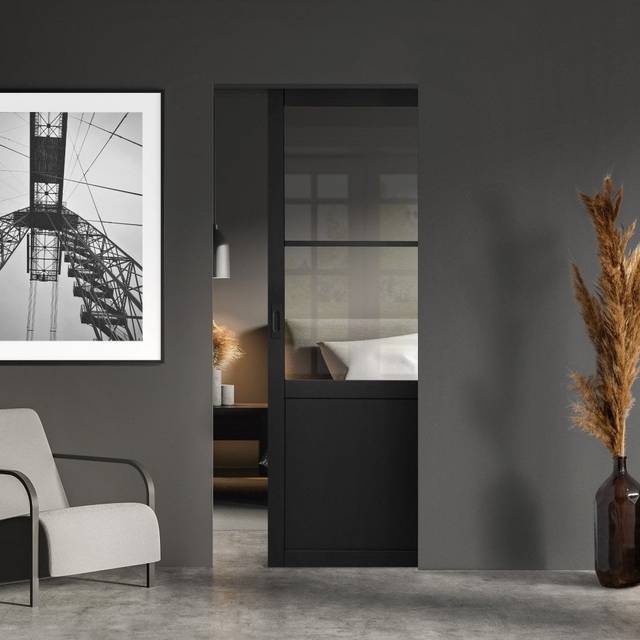 Liberty Doors Black Internal Fully Finished Industrial Studio 1 Panel 2 Light Clear Glass Classic Framed Pocket Door Set (120845) - 1981x762x35mm (78&