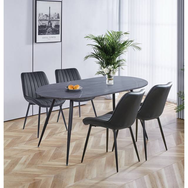 Hallowood Furniture - Cullompton Large Dining Table and Chairs Set 4, Grey Marble Effect Oval Kitchen Table and Black Bonded Leather Dining Chairs,