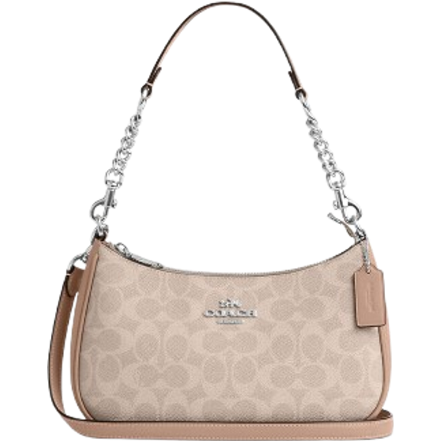 Coach Womens Teri Shoulder Bag in Signature Canvas with Chain Strap - Beige - One Size