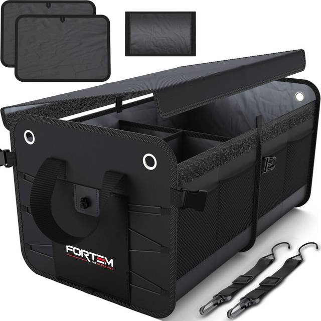 Car Boot Tidy for Storage, Collapsible Multi Compartment Car Organiser, Non Slip Bottom, Adjustable Securing Straps, Foldable Cover (2 Compartments,