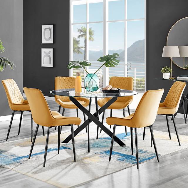 Novara Black Leg 120cm Round Glass Dining Table Pesaro Black Leg Chairs - Mustard / Dining Table and 6 Chairs - Yellow