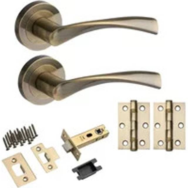 Marvel Lever on Rose Door Handle - Antique Brass - Latch & Hinge Pack - Designer Levers