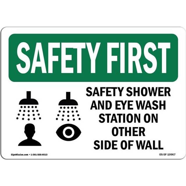 SignMission OS-SF-D-35-L-10967 OSHA Safety First Sign - Safety Shower & Eye Wash Station with Symbol