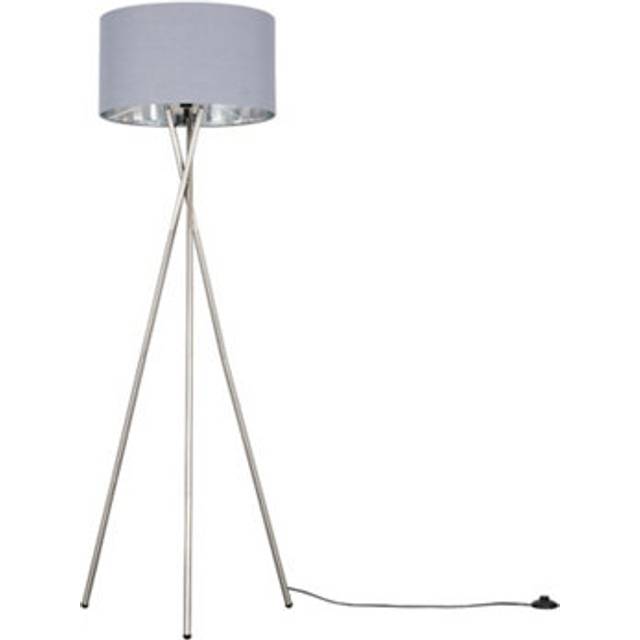 Minisun - Camden Brushed Chrome Metal Tripod Floor Lamp with Grey & Chrome Cylinder Shade - Includes 6w led Bulb 3000K