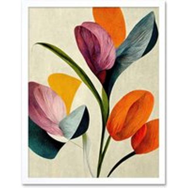 Wall Art Print Spring Flowers Floral Bouquet Bold Abstract Boho Coral Mustard Art Framed - White - W12 inch x H16 inch