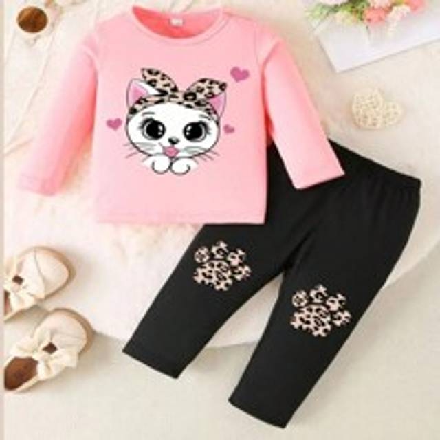 SHEIN 2pcs/Set Baby Girls&#39; Cat Print Long Sleeve T-Shirt And Leopard Print Casual Pants Outfit, Spring/Fall