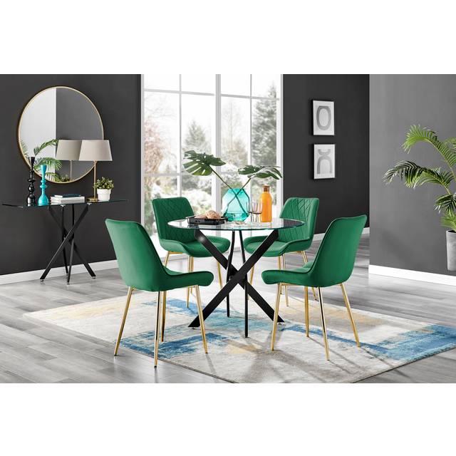 Novara Black Leg Round Glass Dining Table With 4 Pesaro Gold Leg Chairs - Green