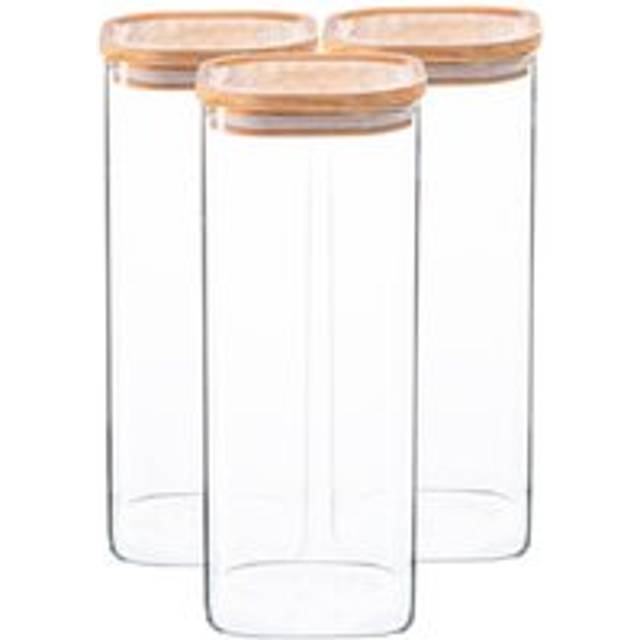 Argon Tableware Square Glass Storage Jars With Wooden Lids - 1.9 Litre - Pack Of 3, Clear
