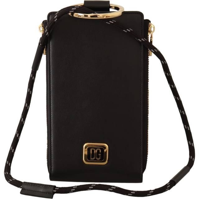 Dolce & Gabbana Black Leather Logo Plaque Neck Strap Card Coin Wallet